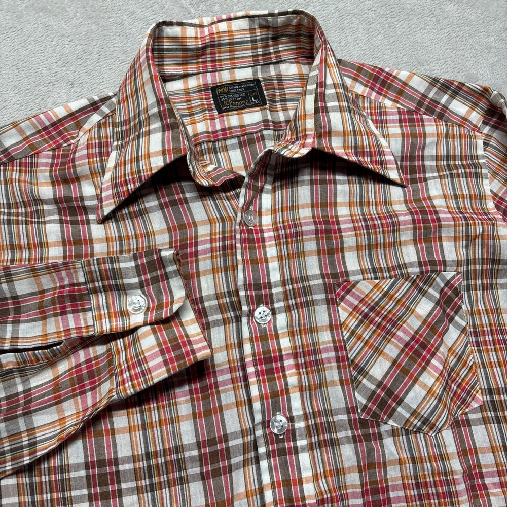 Vintage 70's JCPenney Button-Up Shirt Mens L 16-16 1/2 Plaid Dagger Collar EUC